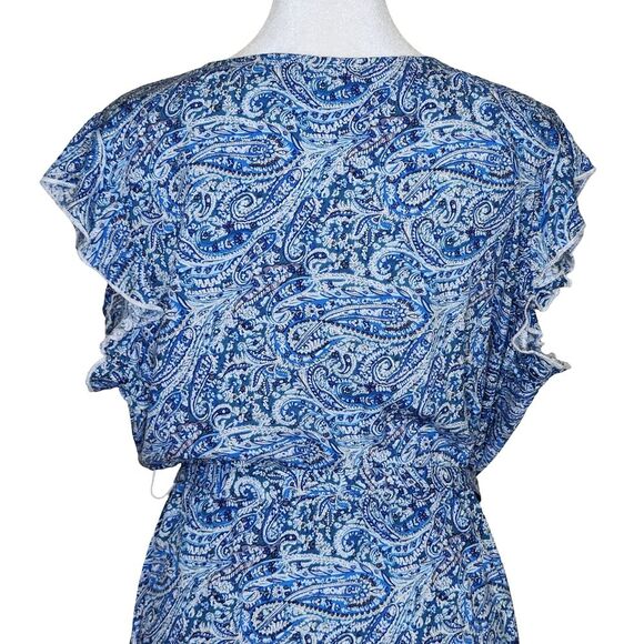 Grecerelle Hi Low Dress Faux Wrap Front Flutter Sleeve Blue Paisley Print XL - Picture 6 of 14